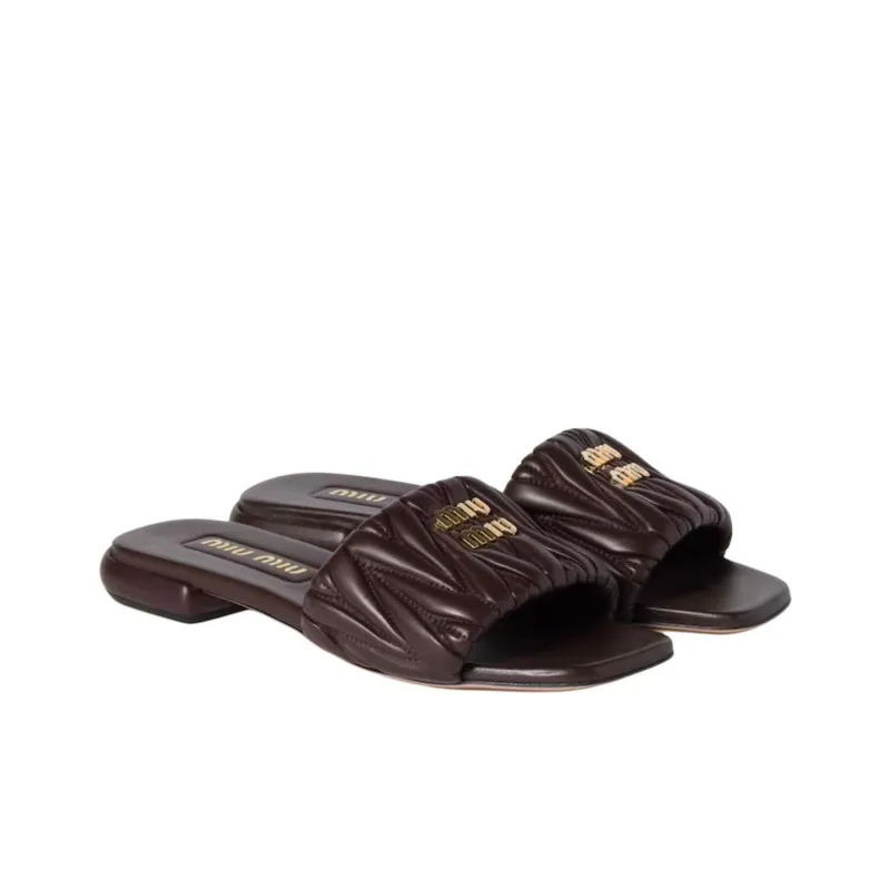 MIU MIU Matelassé Slide Slippers Women's Brown-2