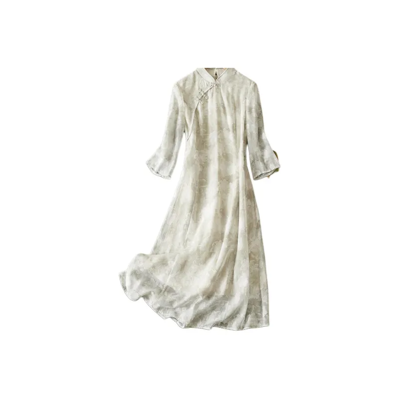 IHIMI Short Sleeved Dress Women's Bamboo Green Jacquard-1
