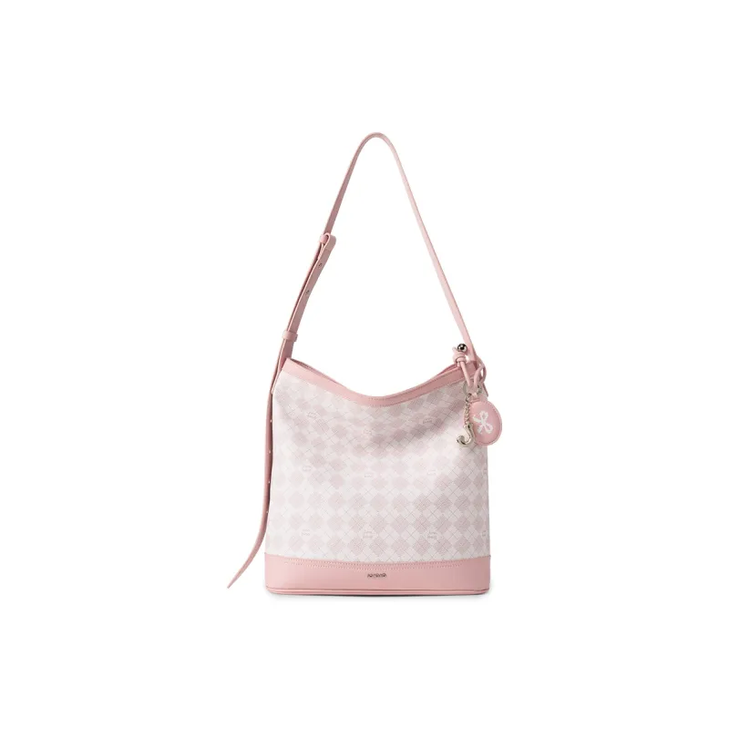 JONBAG PVC Fashion Vintage Versatile Commute Shoulder Bag Medium Size Women's White With Grey Pink/White With Nut Brown-9