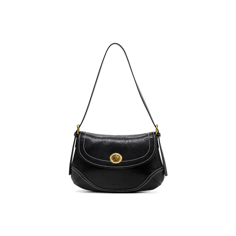 Simedin Cow Leather Saddle Bag Shoulder Bag Women's Ecru/Deep Black-4