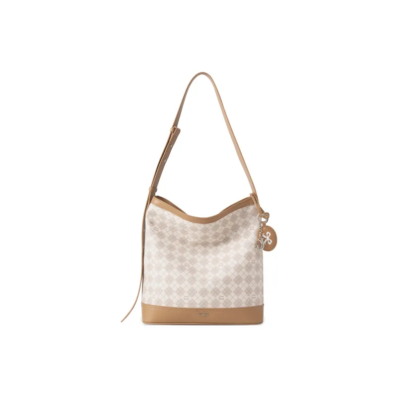 JONBAG PVC Fashion Vintage Versatile Commute Shoulder Bag Medium Size Women's White With Grey Pink/White With Nut Brown-1