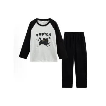 OEING Pajama Set Women's Black White Kitten