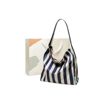 15 MINS Synthetic Leather Tote Shopping Bag Tote Bag Shoulder Bag Women's Blue White Stripes