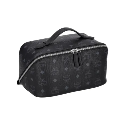 MCM Ottomar Visetos Canvas With Leather Trim Toiletry Bag Medium Size Women's Black
