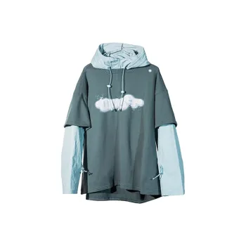 Umamiism Hooded Loose Fit Mock Two Piece Sweatshirt Fall Winter Unisex Light Blue