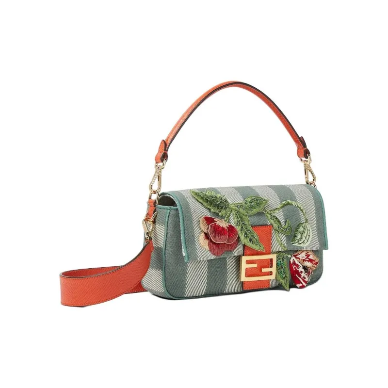 FENDI Baguette Canvas Baguette Bag One Shoulder Handbag Medium Size Women's Green & Multicolor-1