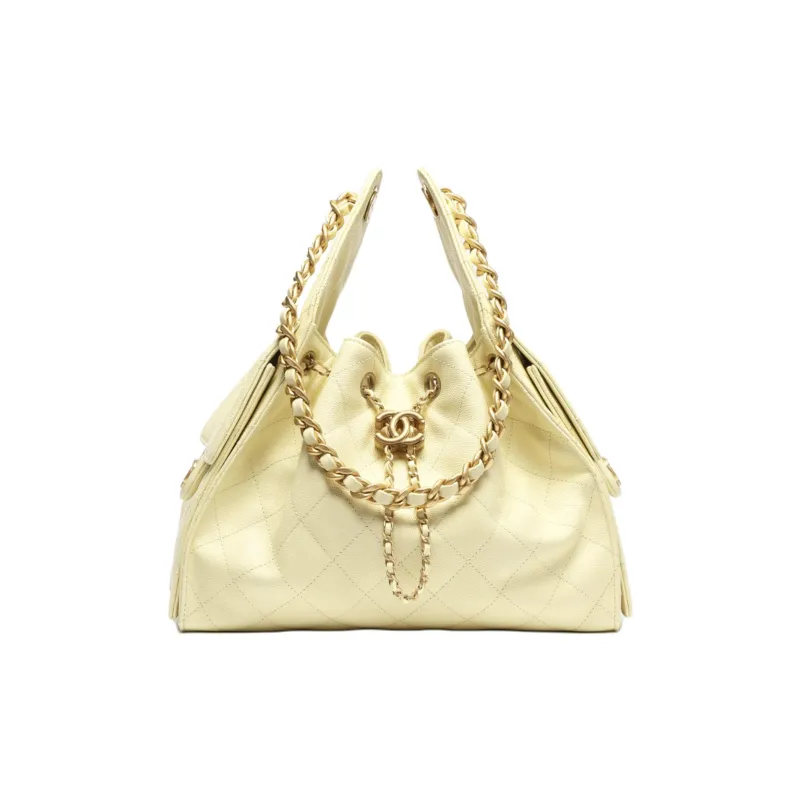 CHANEL 25Bag Litchi Grain Cow Leather Hobo Bag Handbag Trumpets Women's Light Yellow-0