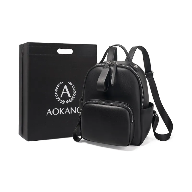 AOKANG Cow Leather With Synthetic Leather Backpack Medium Size Women's Beige Apricot/Coffee & White/Classic Black-7