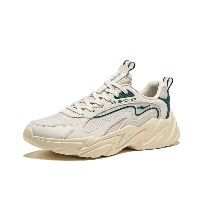Erke Wear Resistant Breathable Height Increasing Low Top Casual Shoes Men's Beige Green-2