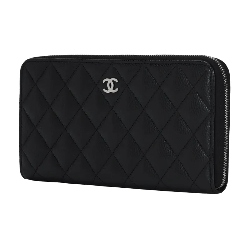 CHANEL Grain Litchi Grain Cow Leather Wallet Women's Black-1