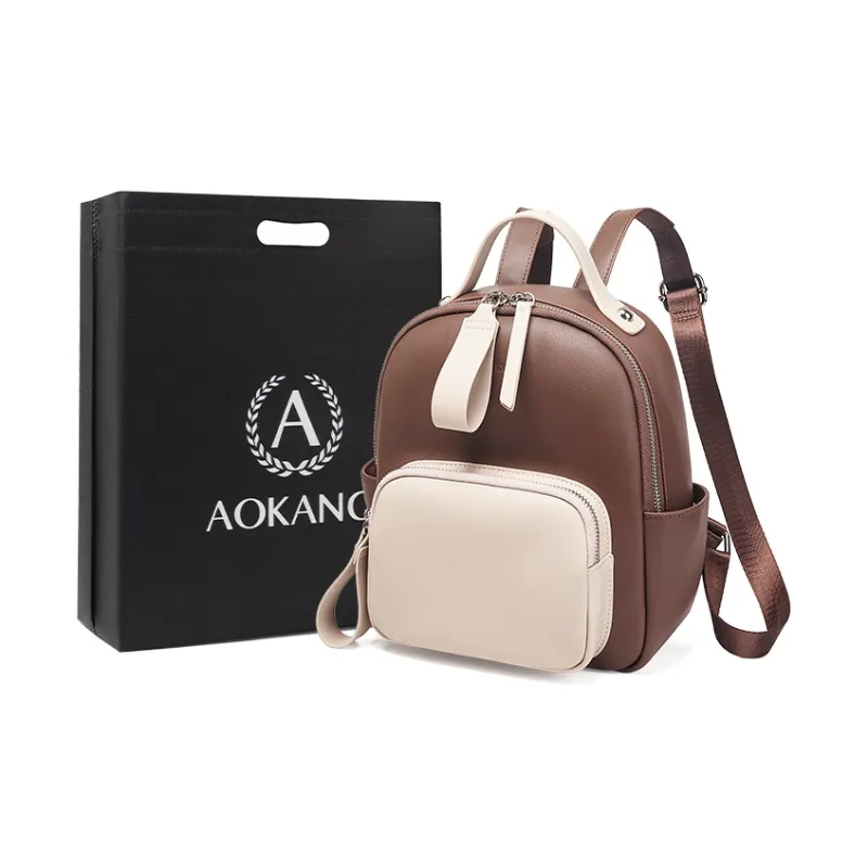 AOKANG Cow Leather With Synthetic Leather Backpack Medium Size Women's Beige Apricot/Coffee & White/Classic Black-4