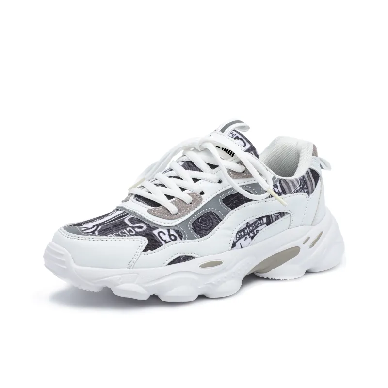 Singing Slip Resistant Breathable Height Increasing Low Top Chunky Sneakers Unisex White/Black Camouflage-1