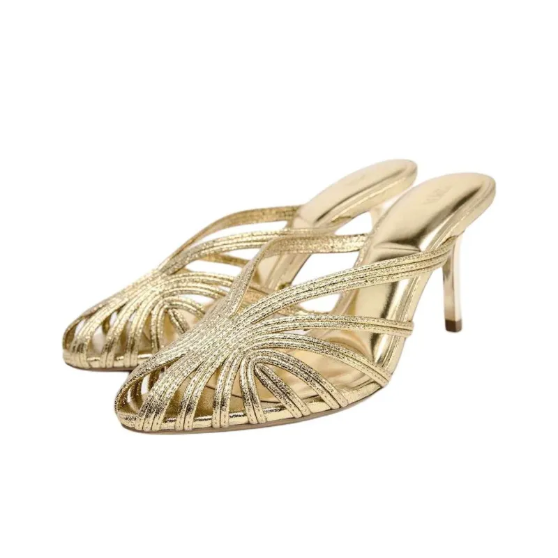 ZARA Wrap toe Slippers Women's Gold-1
