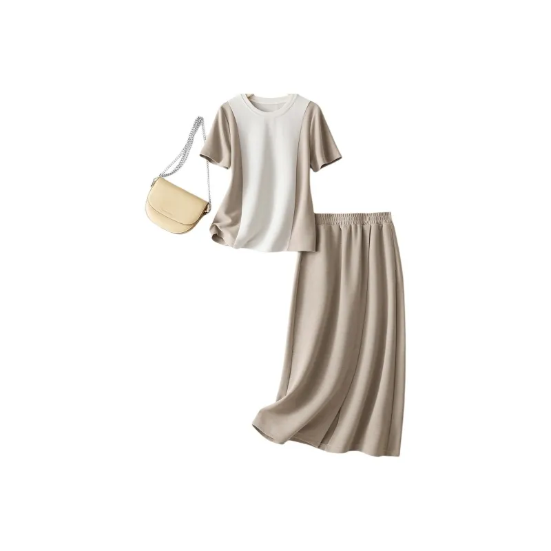 IHIMI Two Piece Skirt Sets Women's Ecru+Greige-1