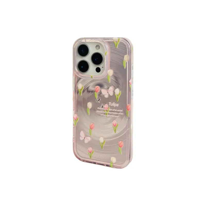 Sopi Acrylic Material Pink Spiral Tulip Butterfly Phone Cases Compatible With IPhone 16/15 Pro Max/Apple 13/14 Pro/Max-2