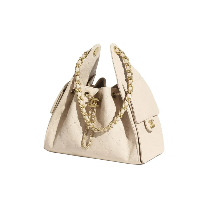 CHANEL Grained Calfskin Shoulder Bag Small Size Women's Beige-1