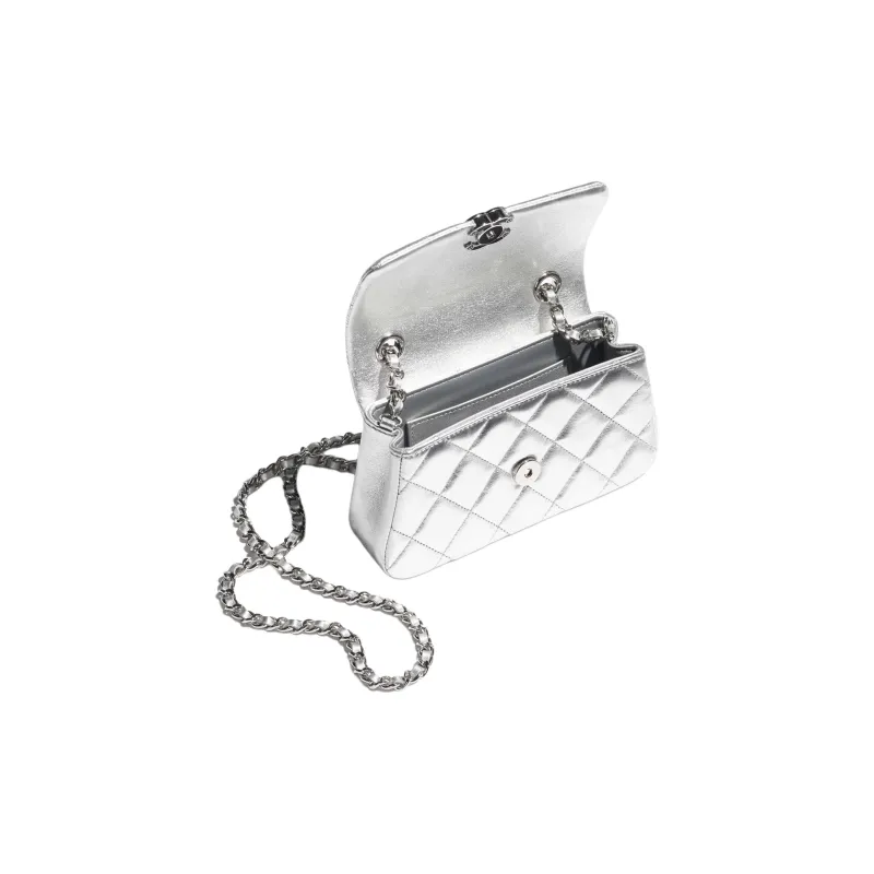CHANEL Calfskin & Silver Metal Shoulder Bag Women's Silver-2