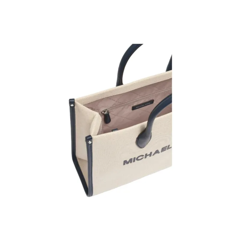 MICHAEL KORS Mirella Fabric Tote Bag, Shopping Bag, One Shoulder Handbag Medium Size Women's Natural & Marine Blue-4
