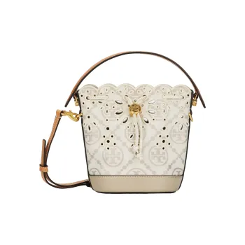 TORY BURCH T Monogram Leather Bucket Bags Shoulder Bag Crossbody Bag Handbag Mini Women's Ivory White