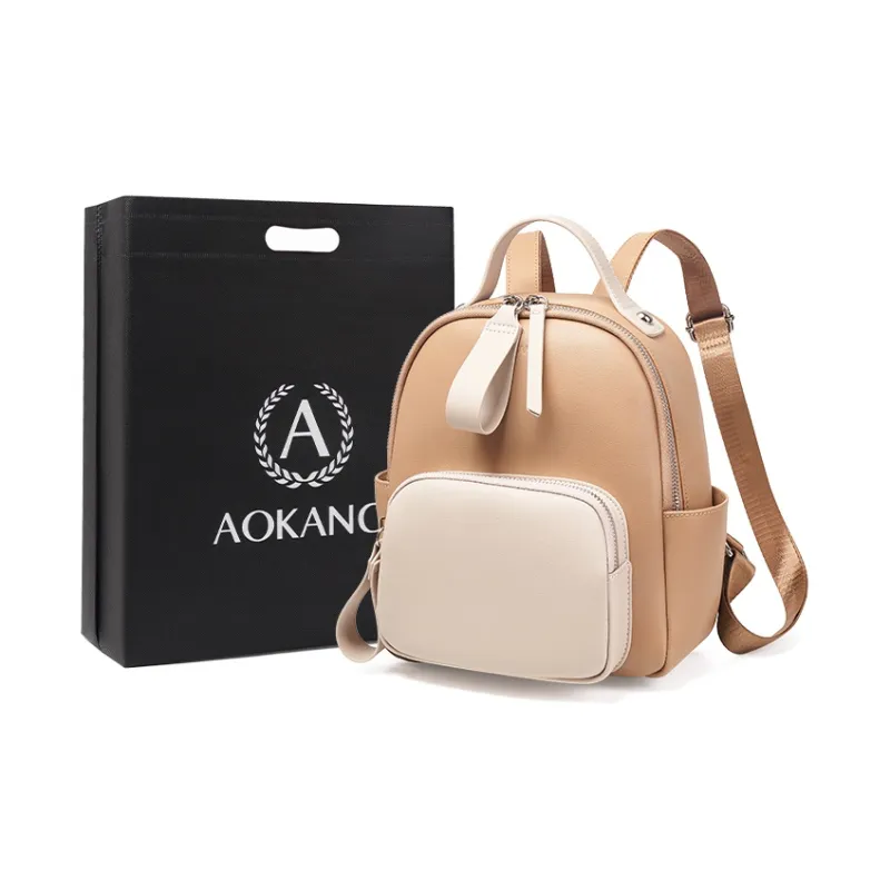 AOKANG Cow Leather With Synthetic Leather Backpack Medium Size Women's Beige Apricot/Coffee & White/Classic Black-0