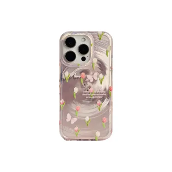 Sopi Acrylic Material Pink Spiral Tulip Butterfly Phone Cases Compatible With IPhone 16/15 Pro Max/Apple 13/14 Pro/Max