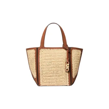 MICHAEL KORS Jordi Polypropylene Pp Tote Bag, Shopping Bag, Handbag Small Size Women's Beige & Cow Leather Brown