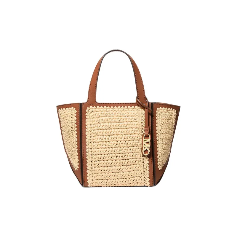 MICHAEL KORS Jordi Polypropylene Pp Tote Bag, Shopping Bag, Handbag Small Size Women's Beige & Cow Leather Brown-0