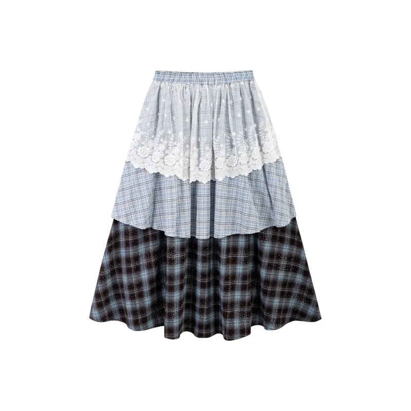 NewJnxs Casual Long Skirt Women's Light Blue Plaid-1