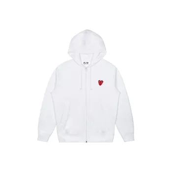 CDG Play Red Stacked Heart Zip Up Hoodie White