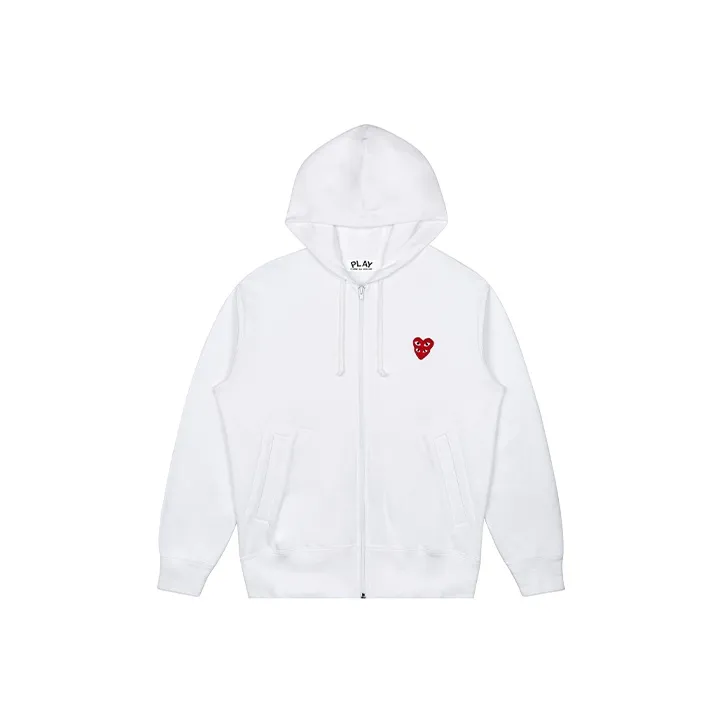CDG Play Red Stacked Heart Zip Up Hoodie White-0