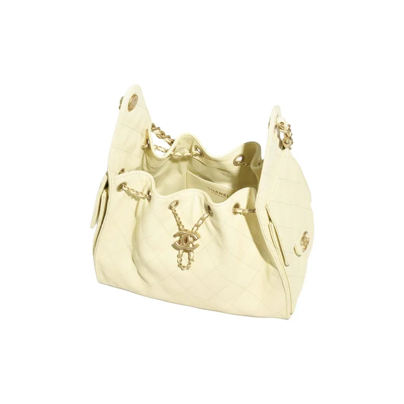 CHANEL 25Bag Litchi Grain Cow Leather Hobo Bag Handbag Trumpets Women's Light Yellow-1