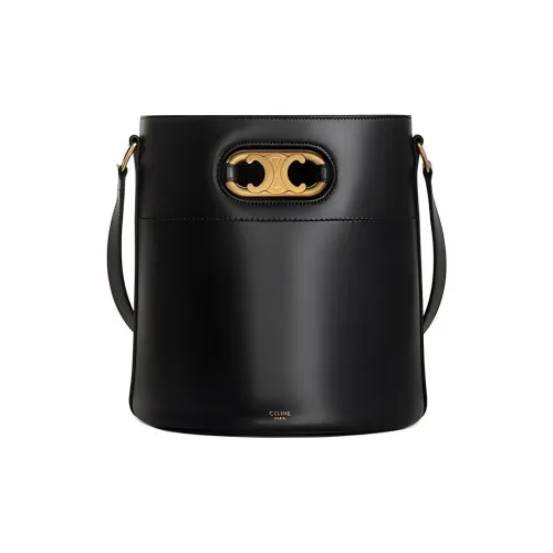CELINE Triomphe Satin Cow Leather Bucket Bags Crossbody One Shoulder Handbags Women's Black