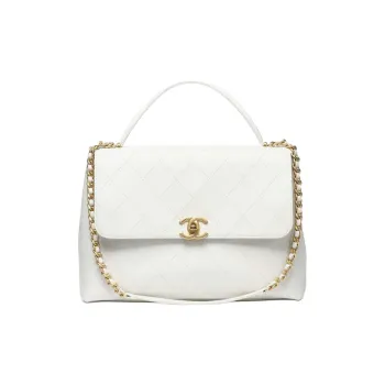 CHANEL Calfskin Handbag Shoulder Bag Large Size Women's White