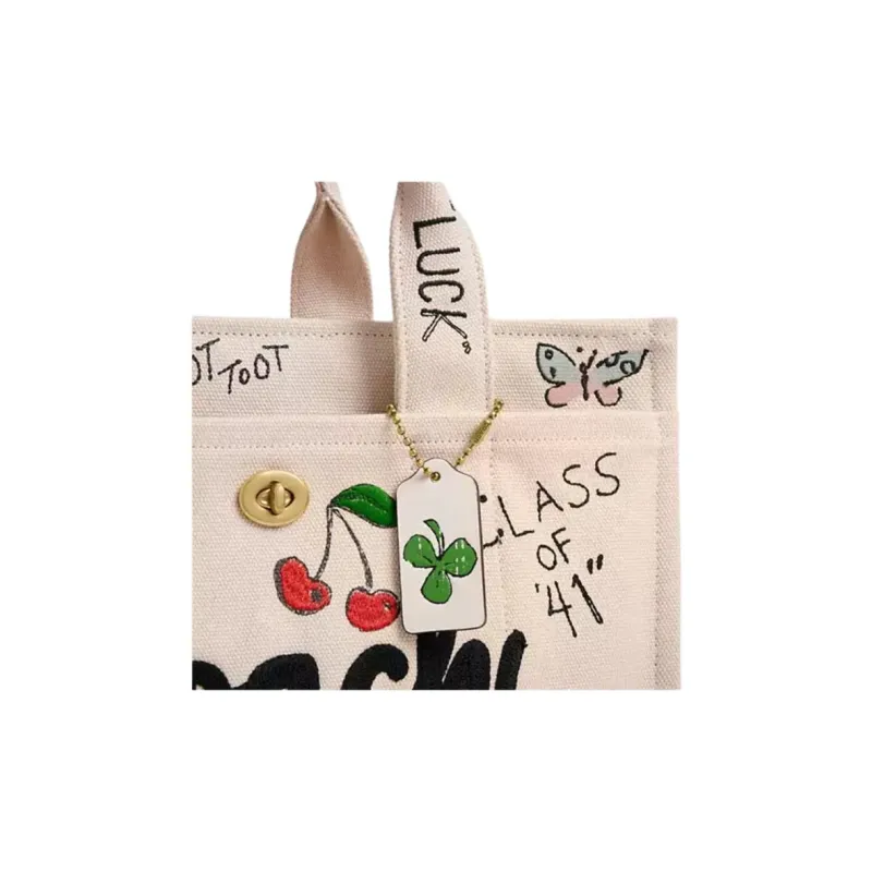 COACH Canvas Bag Tote Bag Shopping Bag Handbag Large Size Women's Light Beige-3