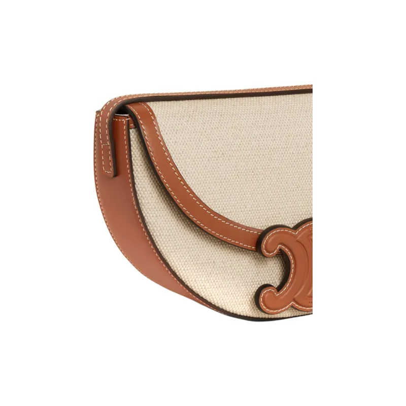 CELINE BesaceTriomphe Fabric Cow Leather Patchwork Crossbody Bag Shoulder Bag Women's Natural/Tan-4