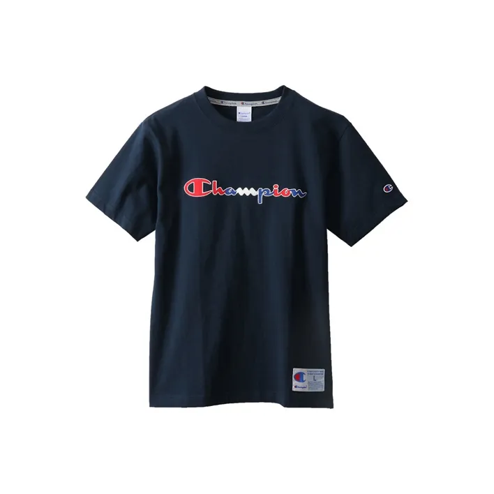 Champion Crew Neck Loose Fit Straight Short Sleeved T Shirt Japan Version Unisex Navy Blue-0