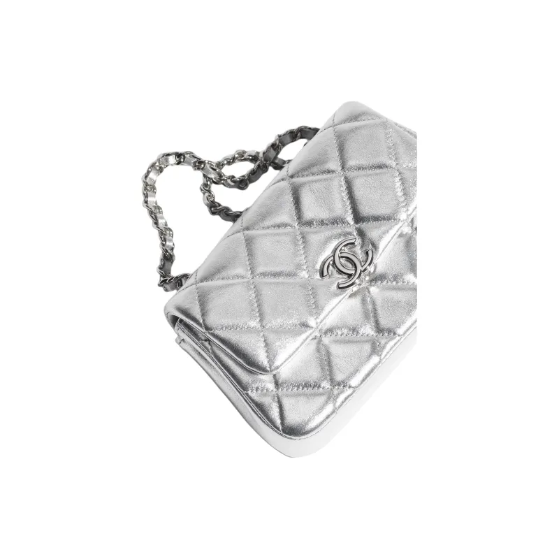 CHANEL Calfskin & Silver Metal Shoulder Bag Women's Silver-3