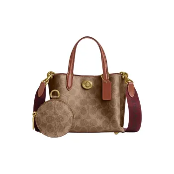 COACH Willow Coated Canvas Tote Bag, Shopping Bag, Shoulder Bag, Handbag Trumpets Women's Tan With Caramel