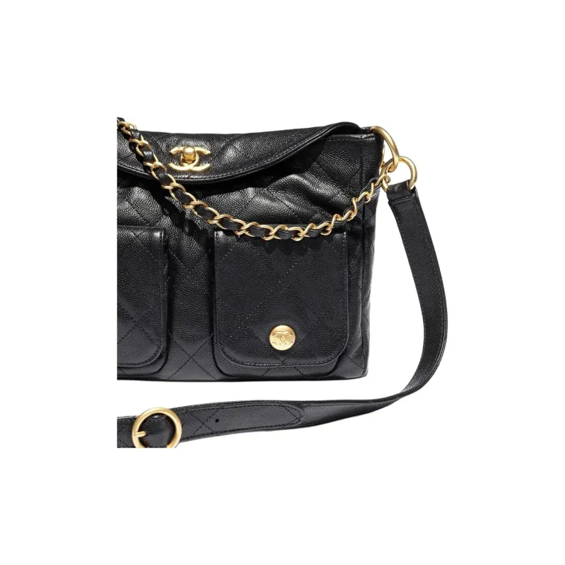 CHANEL Grained Calfskin Hobo Bag, Portable Crossbody Bag, Shoulder Bag Women's Black-3