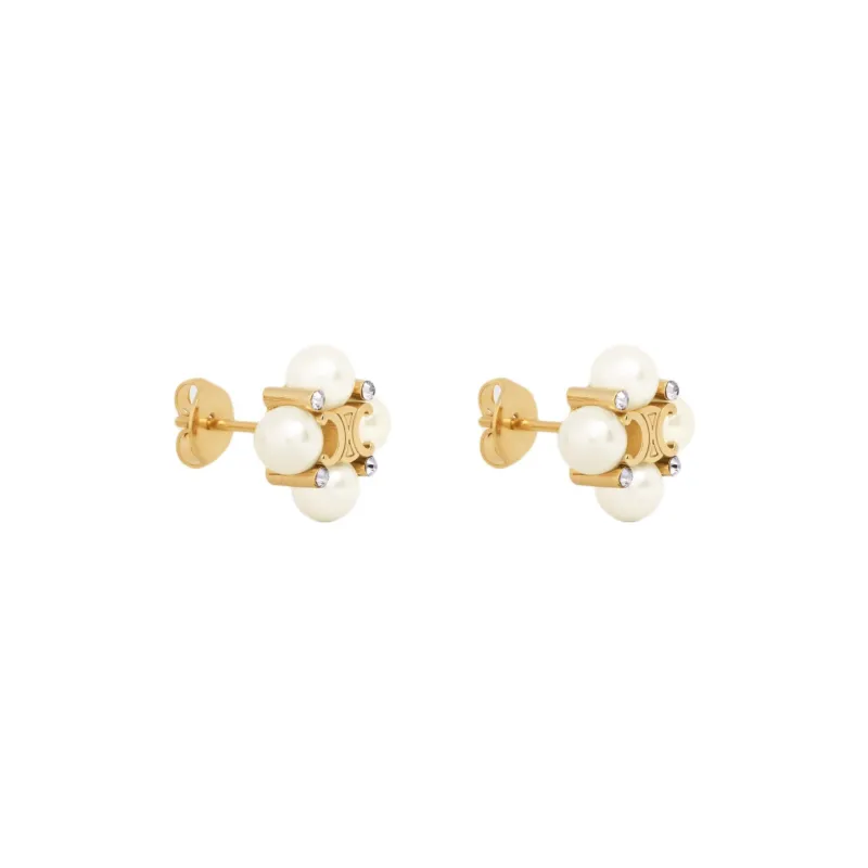 CELINE Brass, Rhinestone, Resin, Pearl Stud Earrings Women's Gold-2