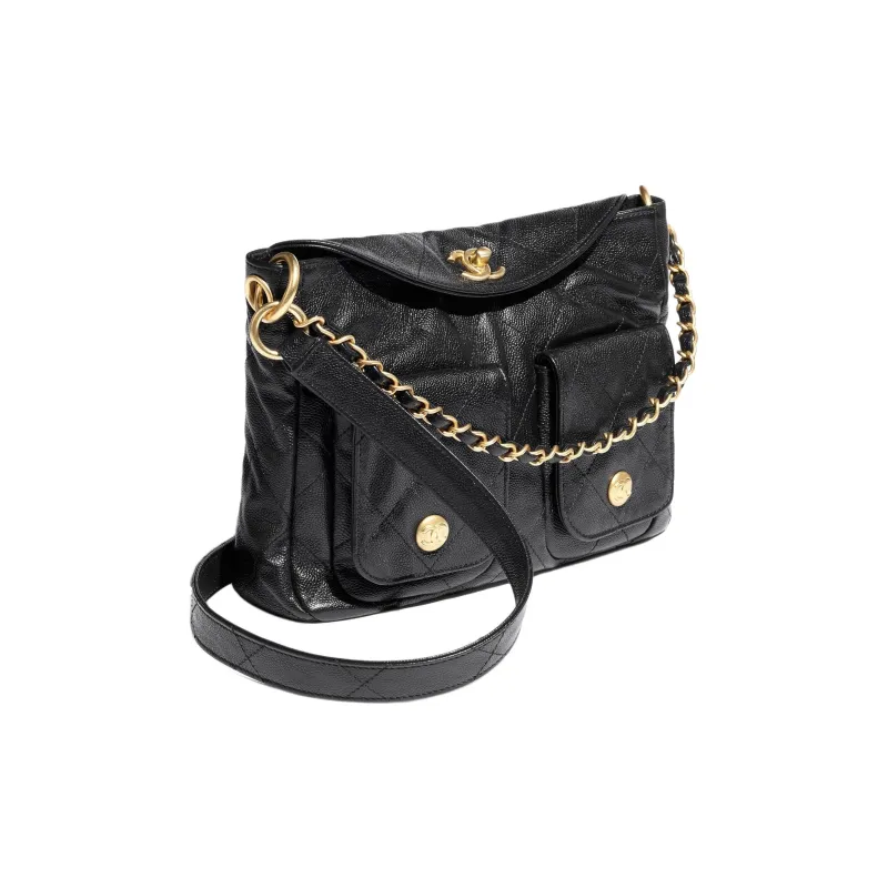 CHANEL Grained Calfskin Hobo Bag, Portable Crossbody Bag, Shoulder Bag Women's Black-1