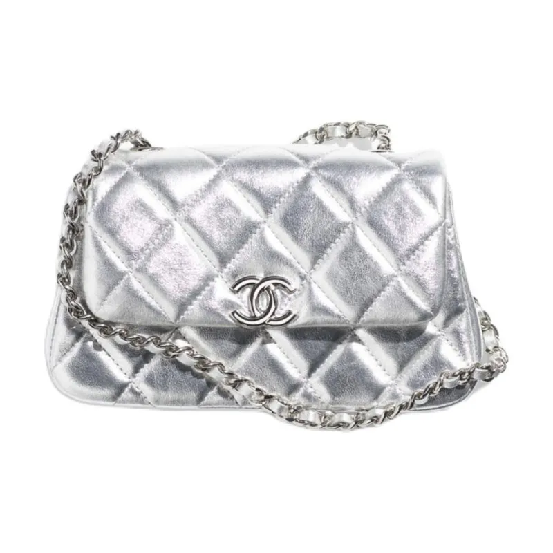 CHANEL Calfskin & Silver Metal Shoulder Bag Women's Silver-0
