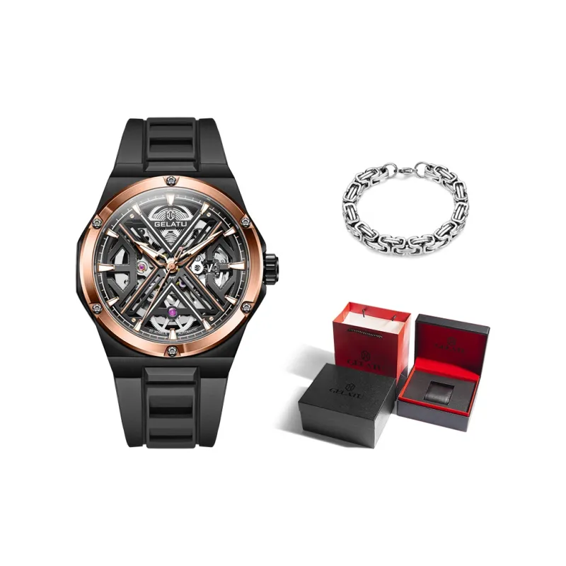 GELATU Automatic Mechanical Movement Silicone Strap Watch Men's Watches Black Dial-0