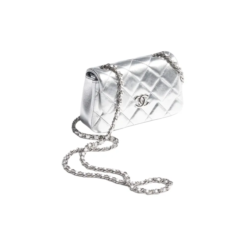 CHANEL Calfskin & Silver Metal Shoulder Bag Women's Silver-1