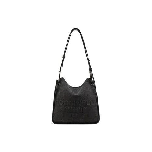 COCCINELLE Fabric Cow Leather Patchwork Pageboy Bag Tote Bag Shopping Bag Shoulder Bag Small Size Unisex Black