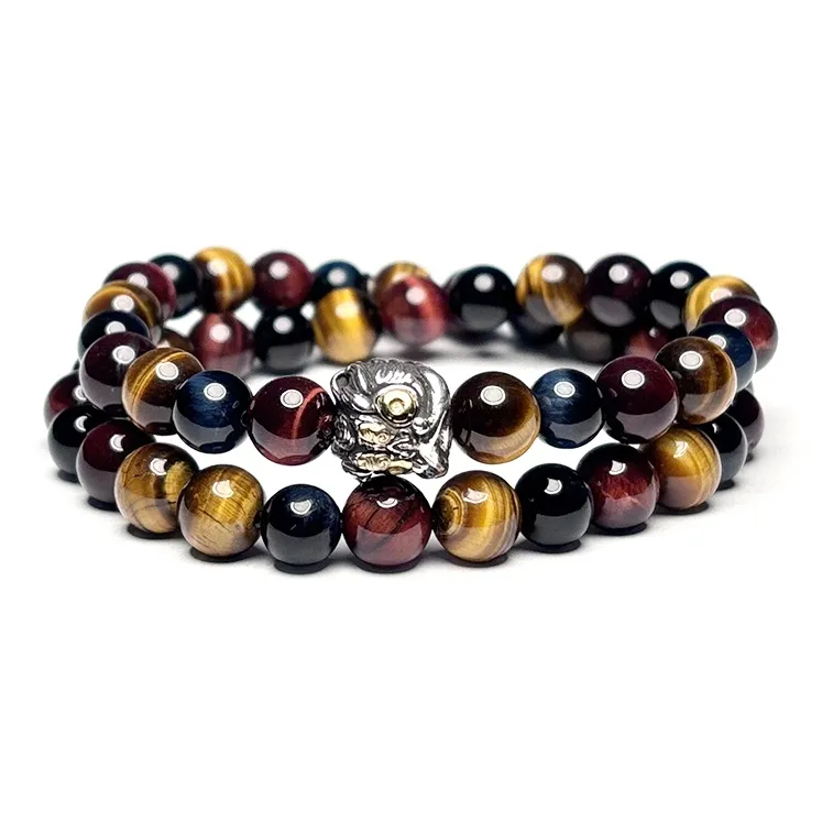 MOUNTAINS AND MANS Tiger's Eye Stone New Chinese Style Stackable Good Luck Beaded Bracelet Unisex-1