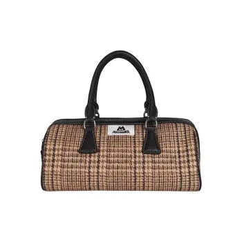 Kikawa Card Synthetic Leather Boston One Shoulder Handbag Medium Size Women's Vintage Black Plaid