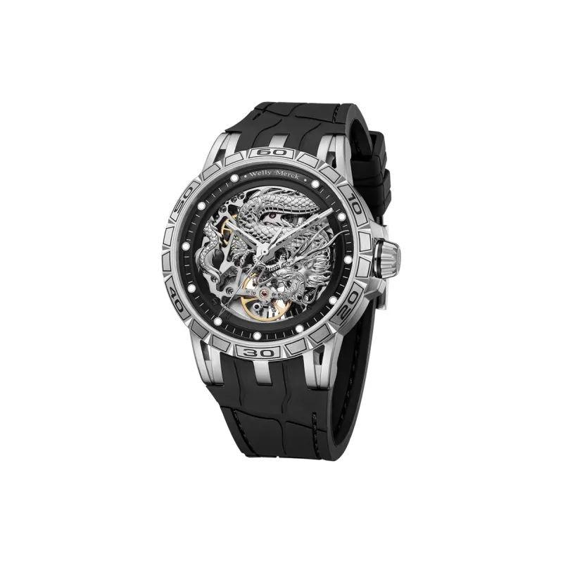 Welly Merck Dragon Series Automatic Mechanical Movement Rubber Strap Watch Men's Watches Silver Dial-5