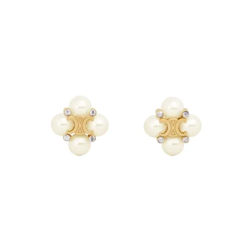 CELINE Brass, Rhinestone, Resin, Pearl Stud Earrings Women's Gold