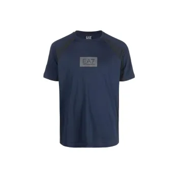 EMPORIO ARMANI EA7 Collection Logo Print Patchwork Raglan Short Sleeved T Shirt Men's Dark Blue